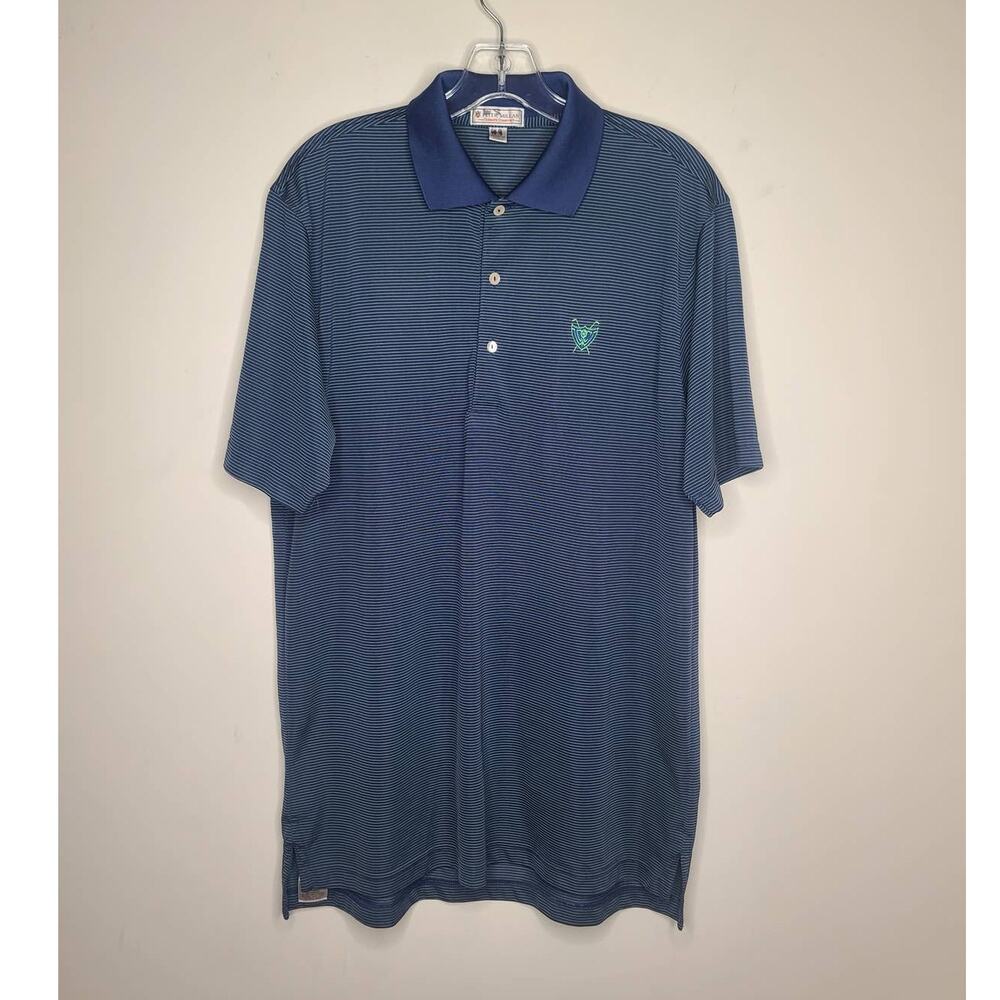 Peter Millar Summer Comfort blue golf polo shirt with green stripes - medium